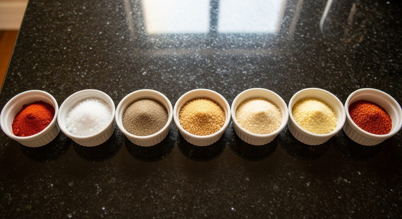 A row of small white bowls on a dark countertop containing paprika, salt, black pepper, brown sugar, garlic powder, onion powder, and cayenne pepper, essential ingredients for the best burger seasoning recipe.