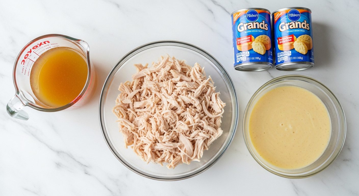 Overhead shot of ingredients for easy chicken and dumplings with canned biscuits: measuring cup of chicken broth, shredded chicken in a bowl, creamy sauce, and two Grands biscuit cans on a marble surface.