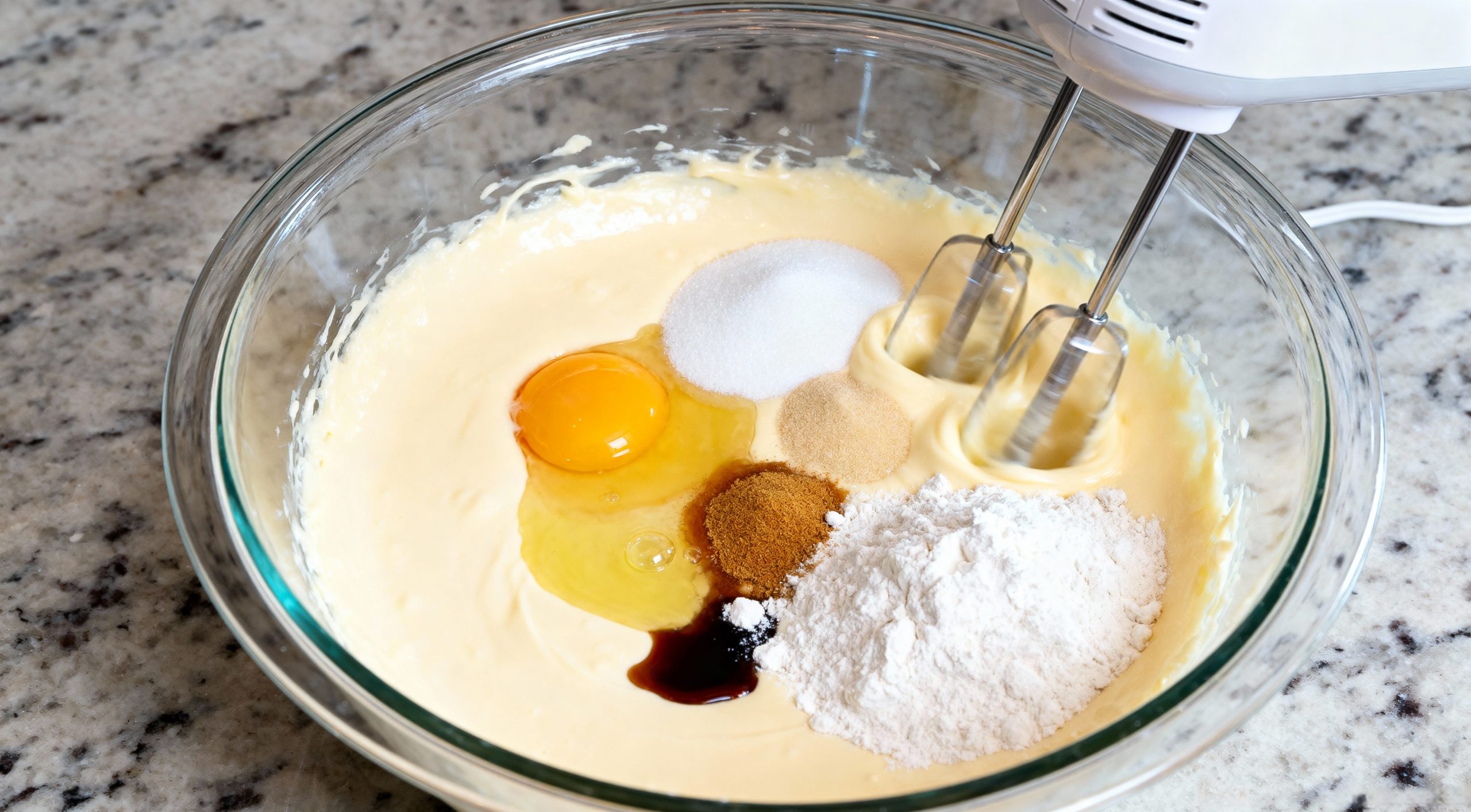 Mixing eggs, sugar, butter, flour, cornstarch, lemon juice, and vanilla into batter for Italian cream cheese and ricotta cheesecake