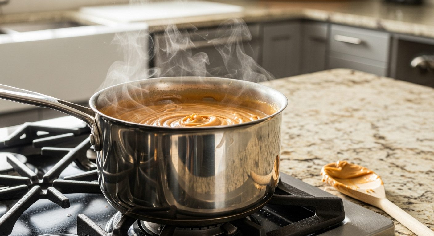 A stainless steel saucepan on a stove with a warm peanut butter mixture steaming, a wooden spoon with peanut butter residue resting nearby, used for Peanut Butter Marshmallow Squares.