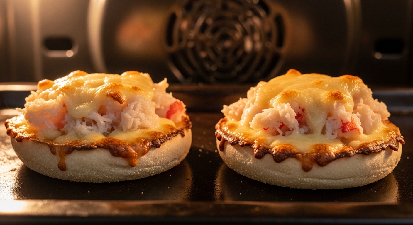 English muffins topped with a crabbies recipe mixture, cooking under a broiler with golden brown and bubbly tops, prepared for about 3-5 minutes, inside an oven.