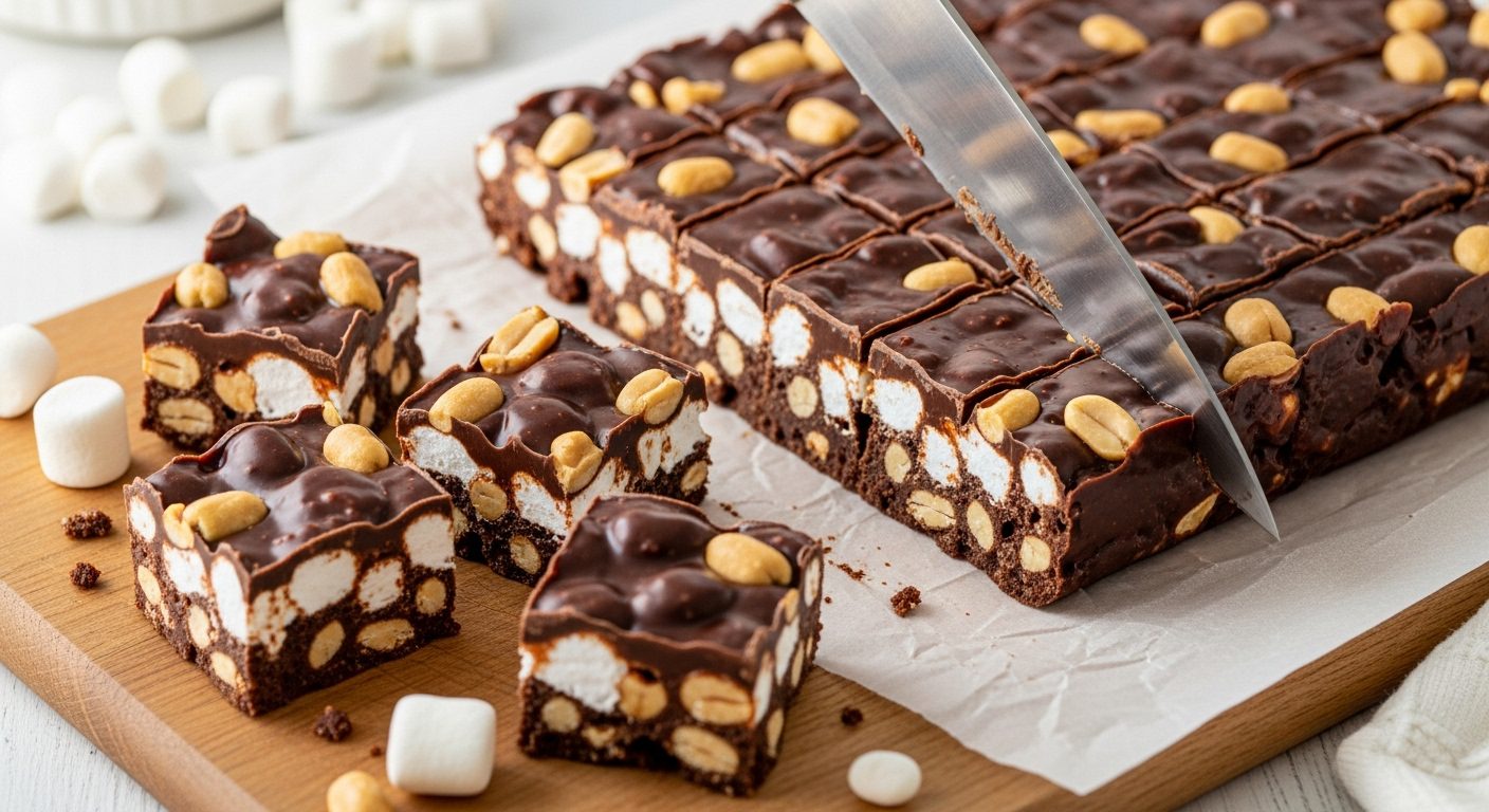 A block of set Rocky Road Candies with marshmallows and peanuts, being cut into squares with a knife on a wooden board, surrounded by extra marshmallows.