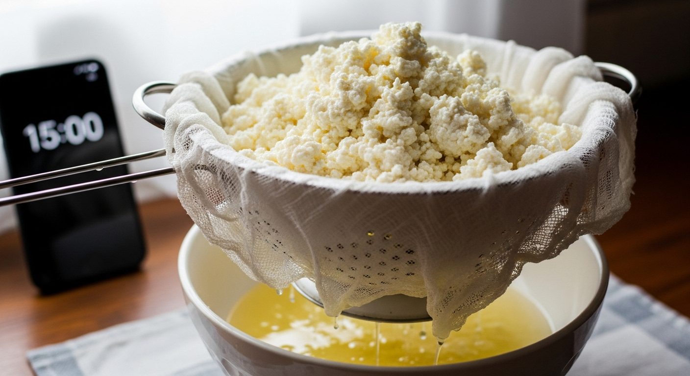 Draining Curds to Prepare Homemade Cottage Cheese
