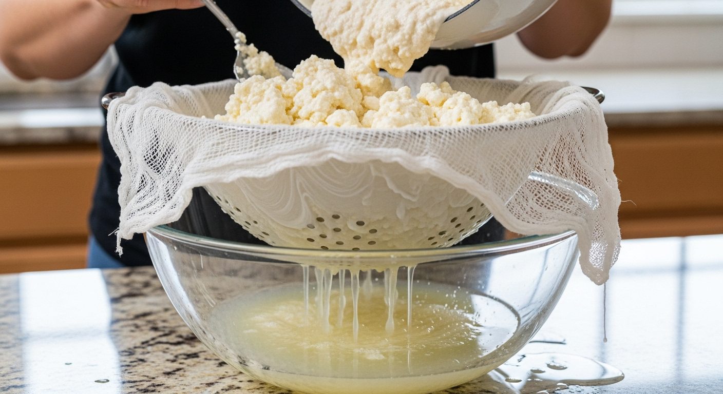 Draining curds in a cheesecloth-lined colander for Cottage Cheese.