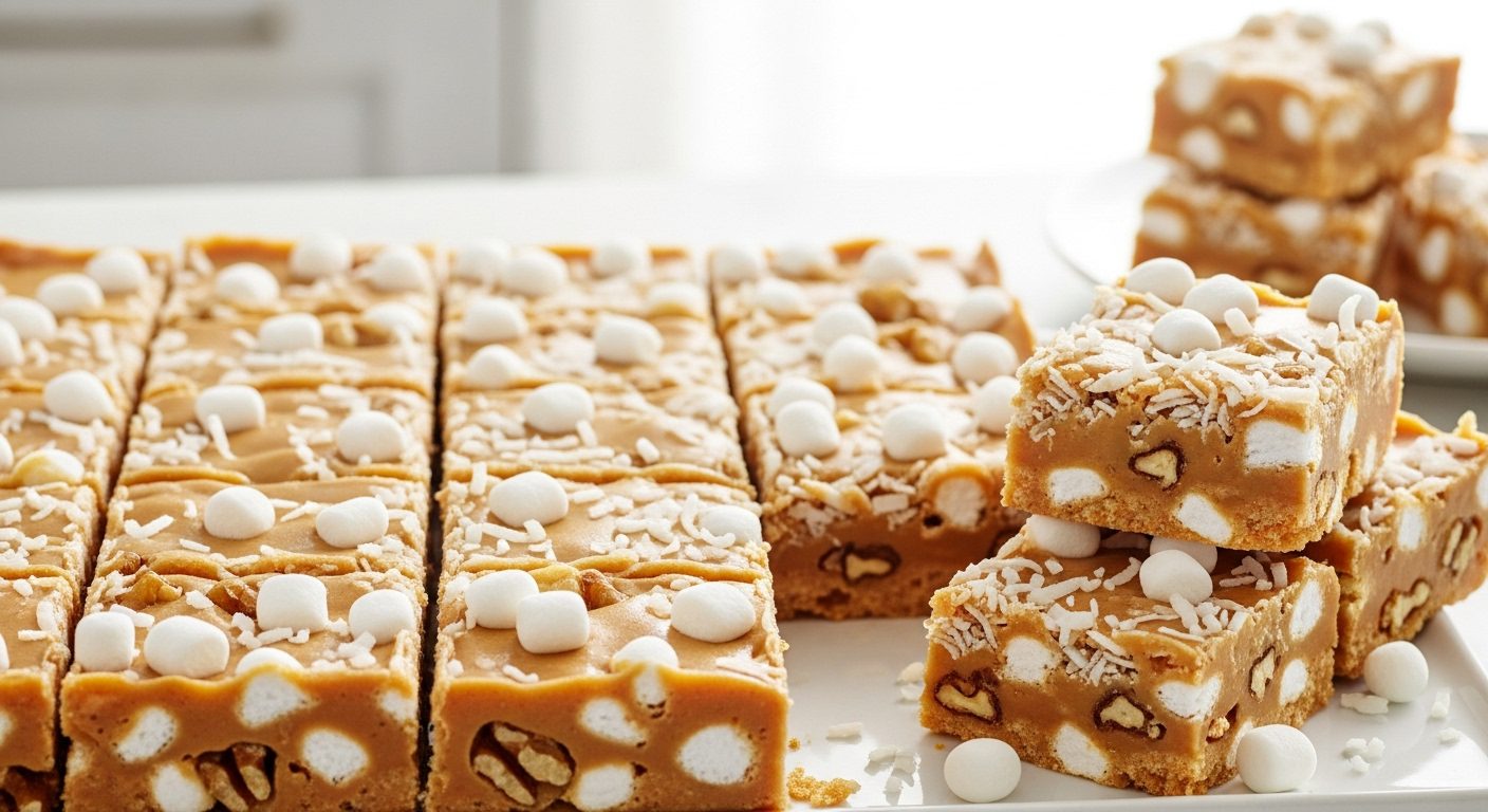 A plate with neatly cut Peanut Butter Marshmallow Squares, featuring a peanut butter base topped with miniature marshmallows, coconut, and walnuts, with some squares stacked.