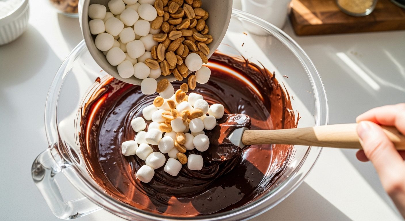 A hand pouring marshmallows and peanuts from a bowl into melted chocolate, gently folding with a wooden spoon to coat evenly for Rocky Road Candies.