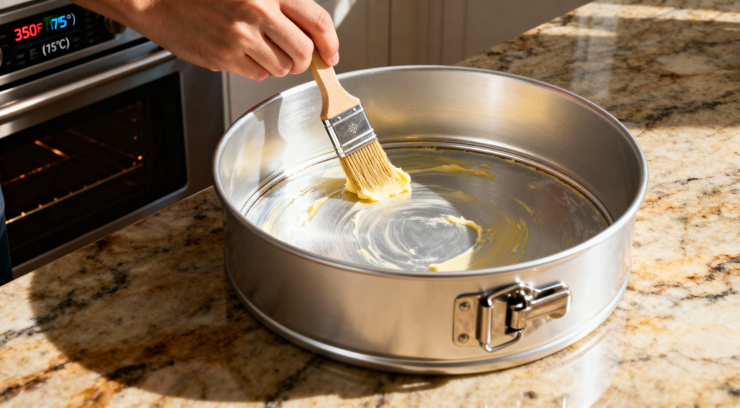 Hand brushing butter to grease 9-inch springform pan for Italian Cream Cheese and Ricotta Cheesecake, oven preheated to 350°F (175°C) in background.