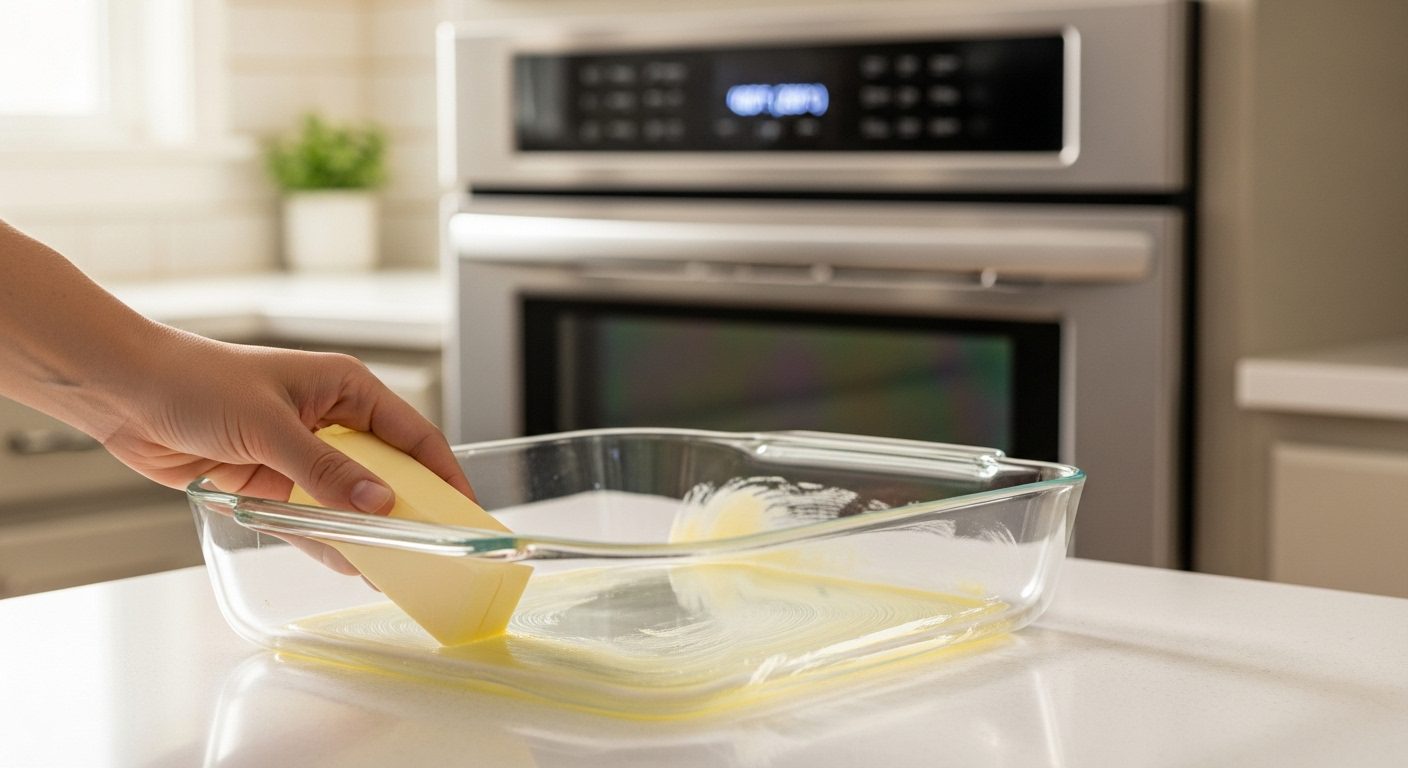 A hand using a yellow sponge to grease a glass baking dish with butter, preparing it for a Peach and Blueberry Cobbler, with an oven in the background.