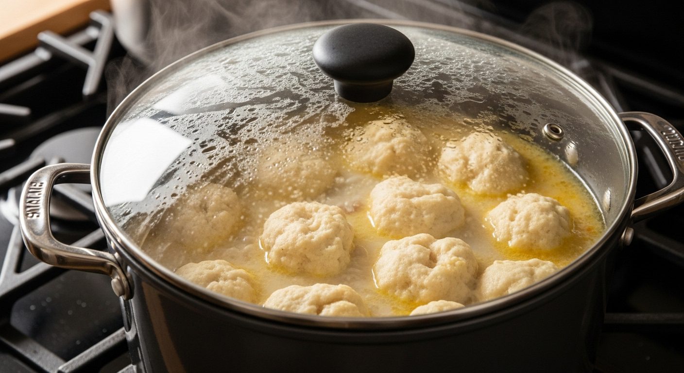 Close-up of a pot with a lid, steaming chicken and dumplings made with canned biscuits, simmering in a creamy broth on the stove.