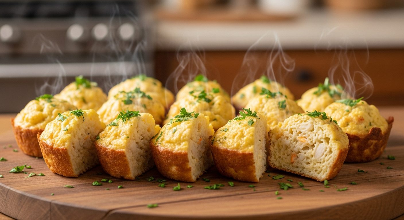 A wooden board with freshly baked crabbies recipe muffins, cut into halves and quarters, garnished with parsley, steaming hot and ready to serve as bite-sized appetizers.
