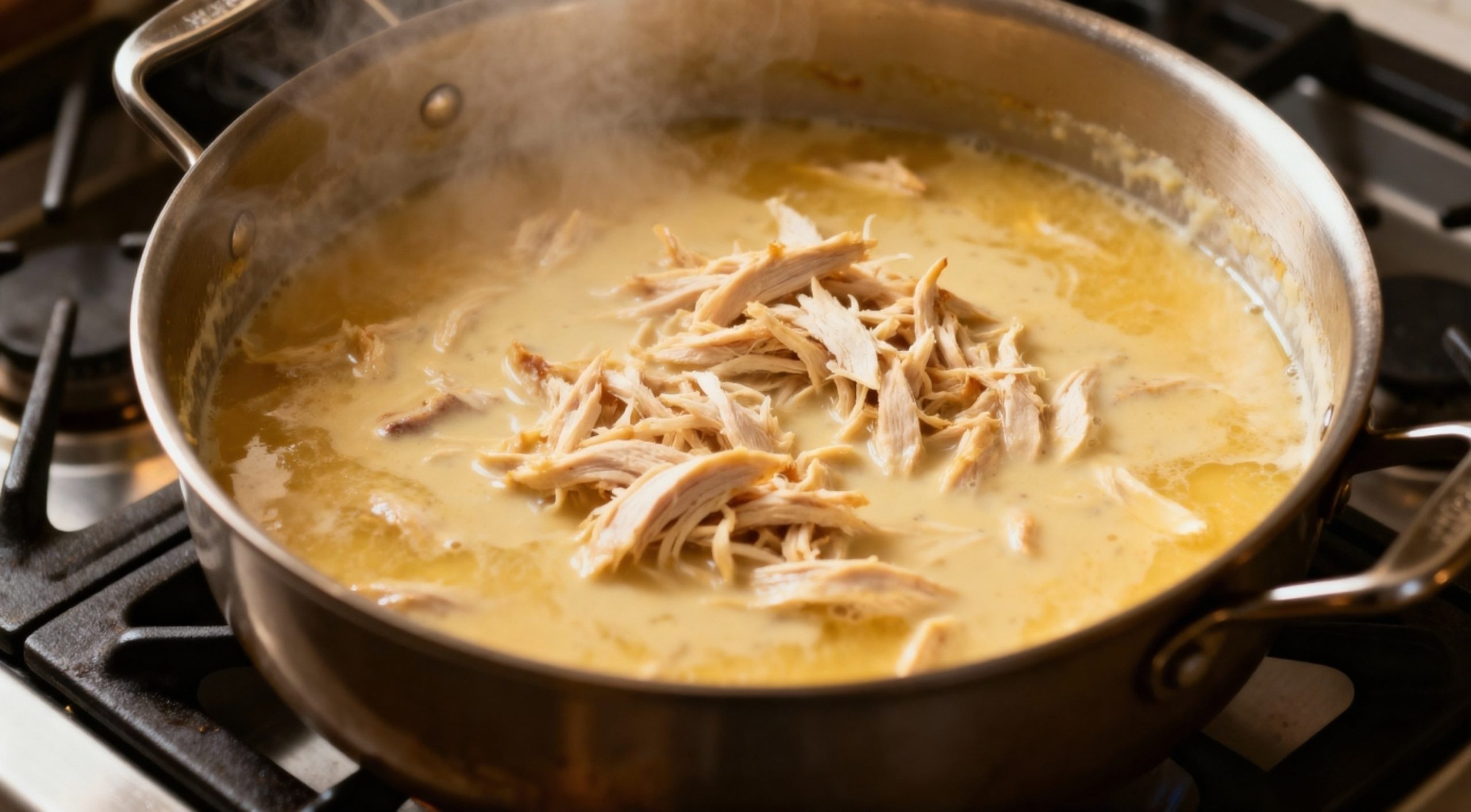 Close-up of a pot simmering with cream of chicken soup, chicken broth, and shredded chicken, part of a chicken and dumplings recipe with canned biscuits, on a stovetop.