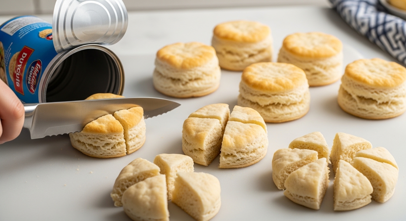 Close-up of a hand cutting canned biscuit dough into quarters and sixths, with an open can of Pillsbury Grands biscuits and sliced dough pieces on a white surface, for a chicken and dumplings recipe.