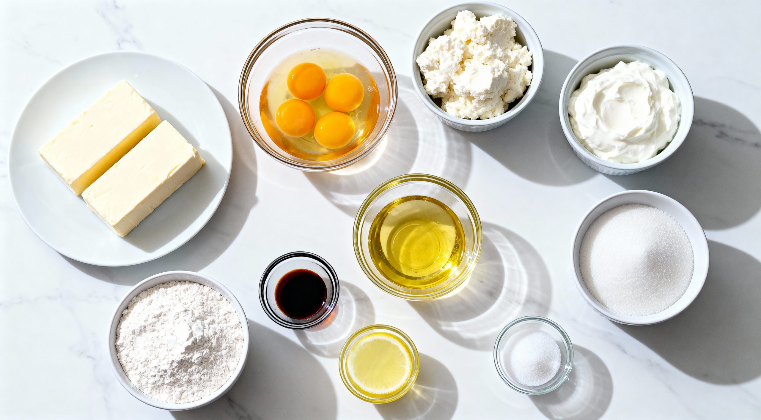 "Ingredients for Italian cream cheese and ricotta cheesecake: butter, eggs, ricotta, cream cheese, flour, oil, vanilla, lemon, sugar, salt on marble surface."
