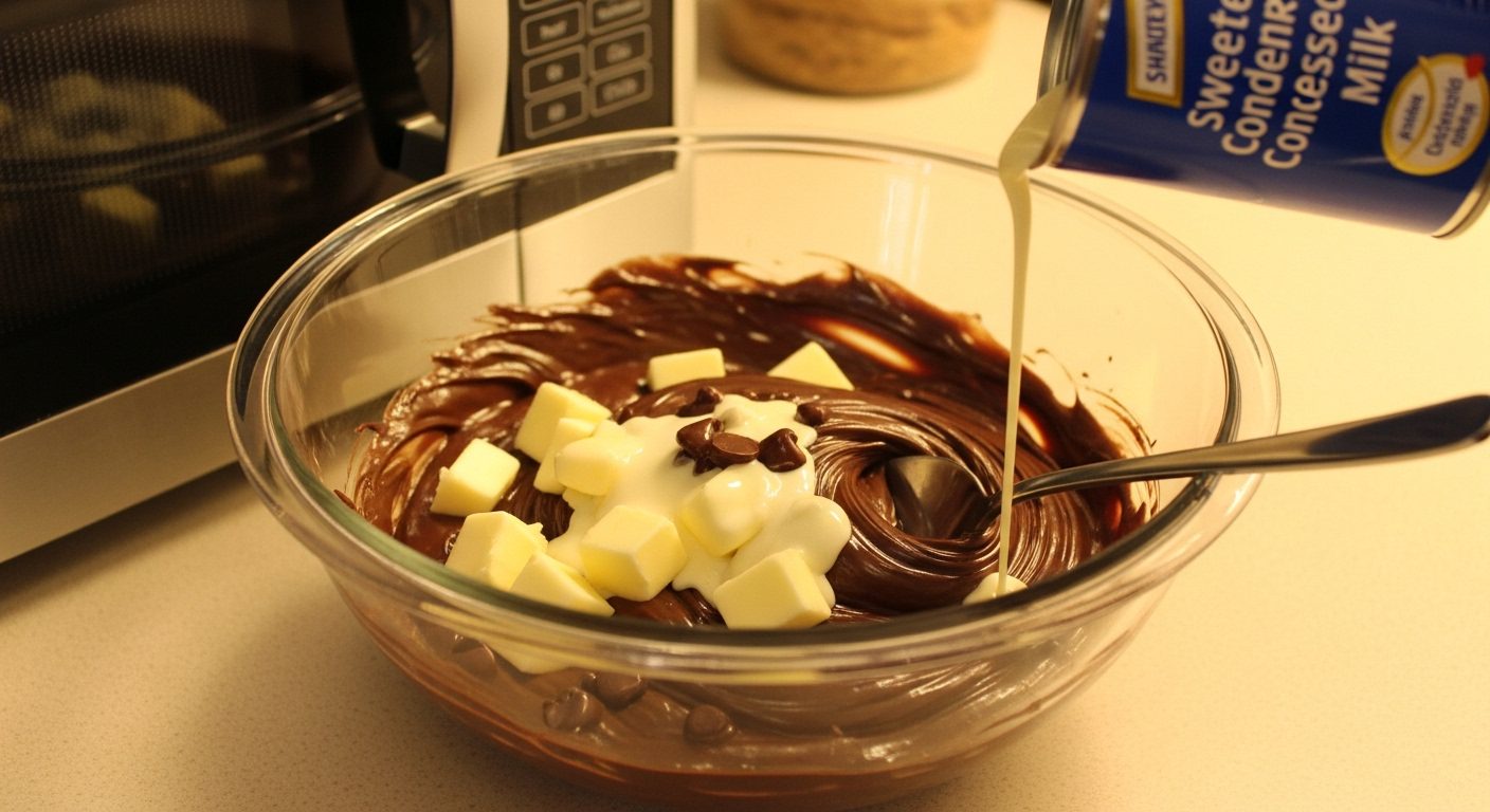 A glass bowl with melted chocolate, butter cubes, and chocolate chips, with sweetened condensed milk being poured from a can, set on a kitchen counter near a microwave.