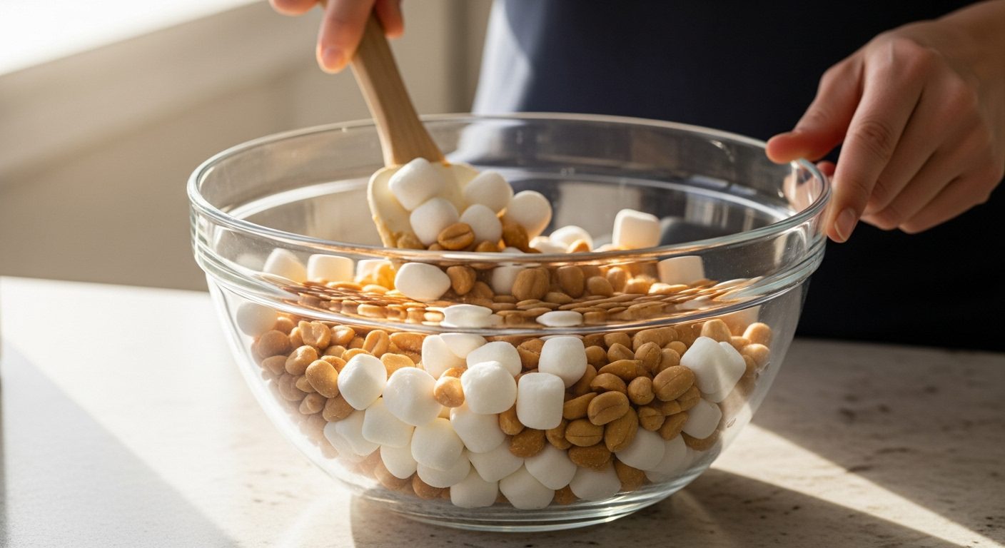 A glass bowl with peanuts and mini marshmallows being mixed with a wooden spoon, set on a kitchen counter, preparing for Rocky Road Candies.