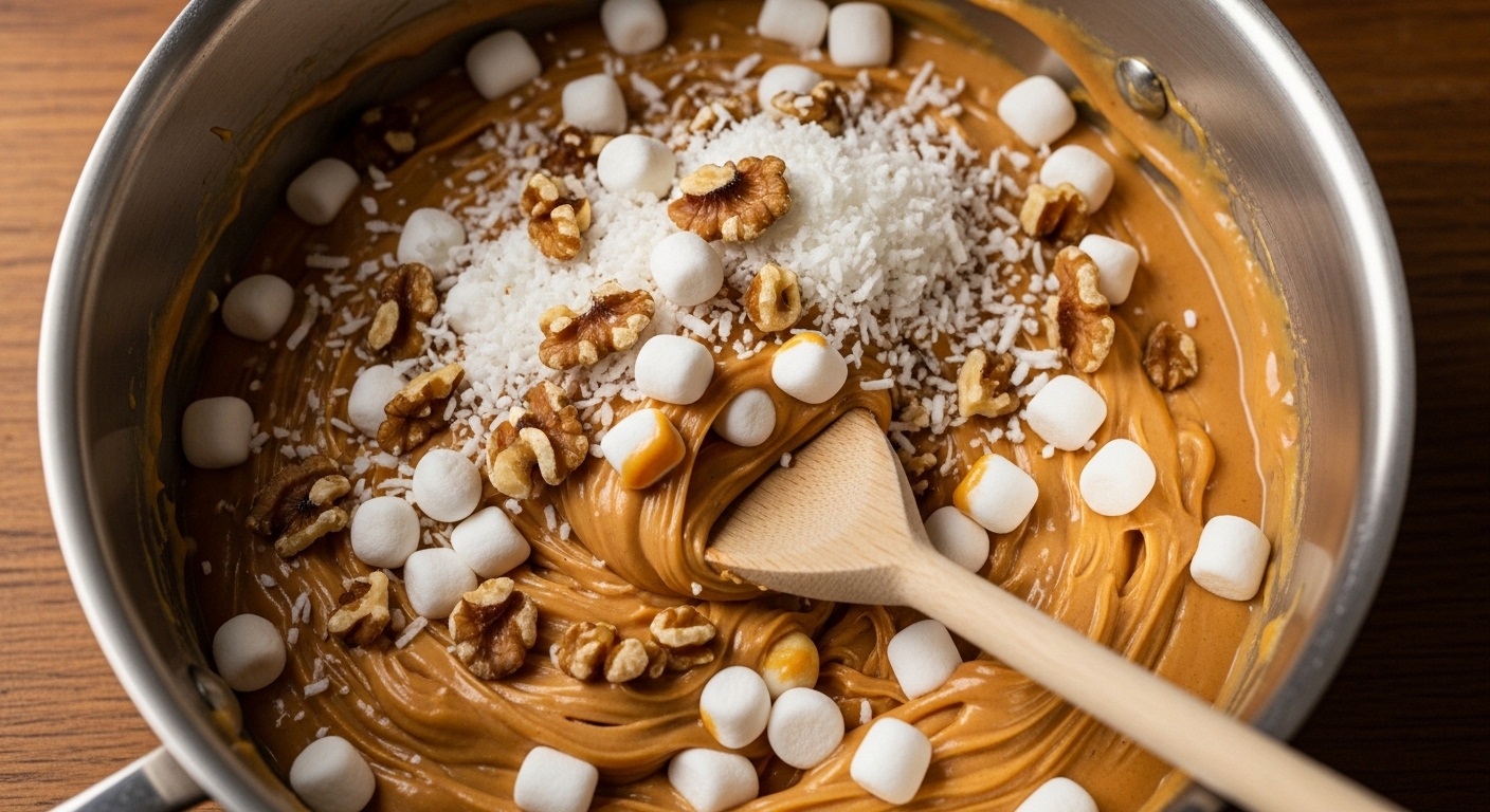 A stainless steel saucepan with a peanut butter mixture being stirred with a wooden spoon, mixed with miniature marshmallows, coconut, and walnuts for Peanut Butter Marshmallow Squares.