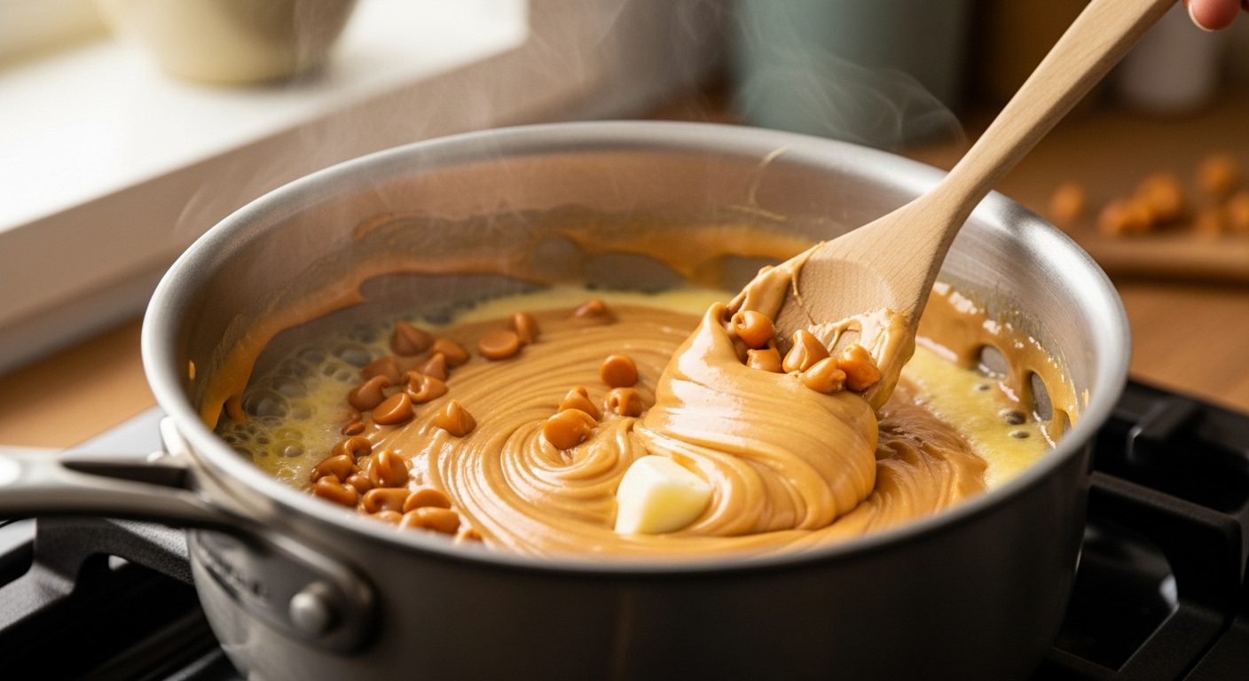 A saucepan on low heat with a wooden spoon stirring a smooth, creamy mixture of melted butterscotch chips, peanut butter, and butter, with additional butterscotch chips visible.