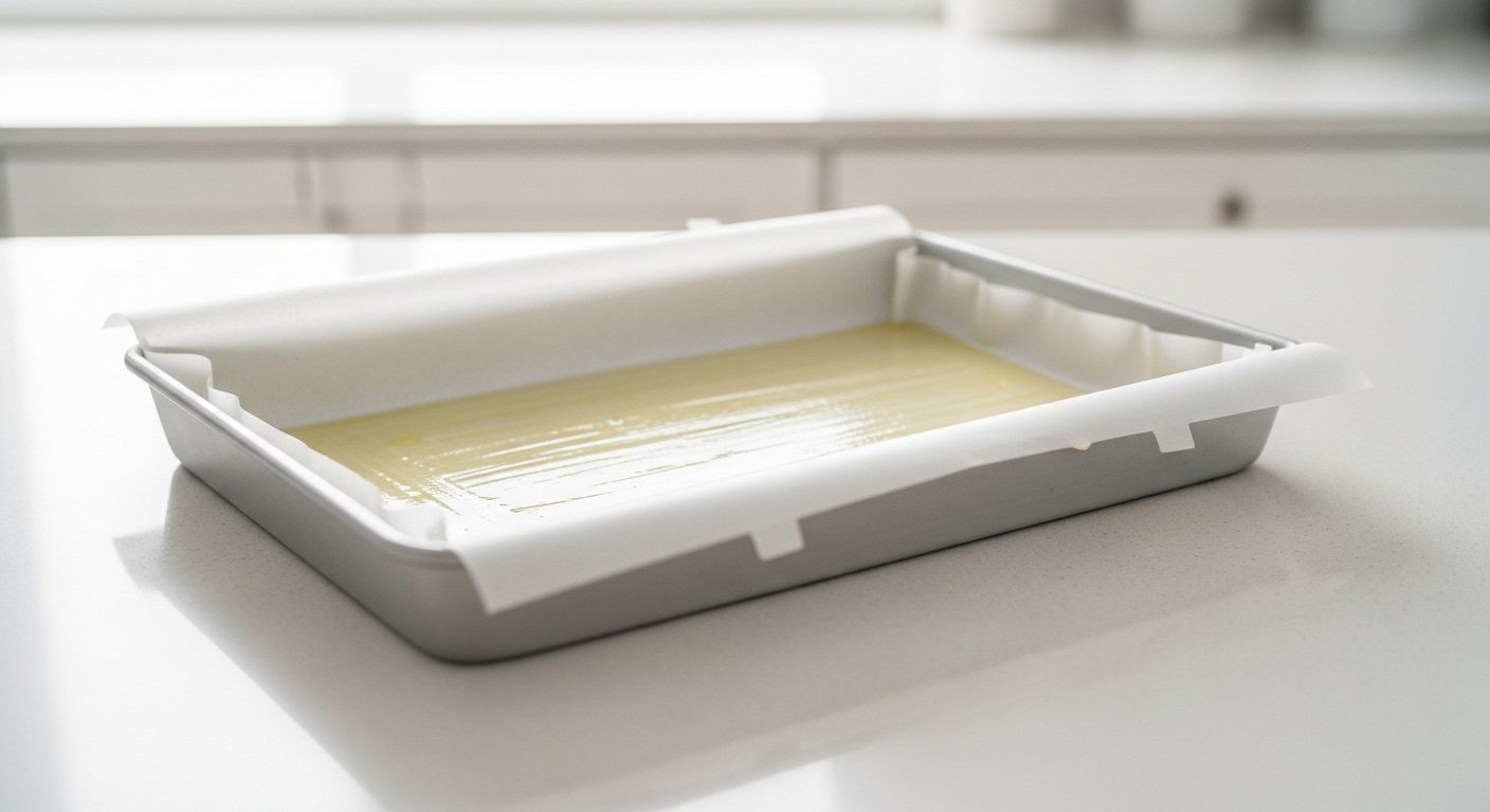 A 9x13-inch baking pan lined with parchment paper, filled with a smooth peanut butter marshmallow mixture, ready for baking.
