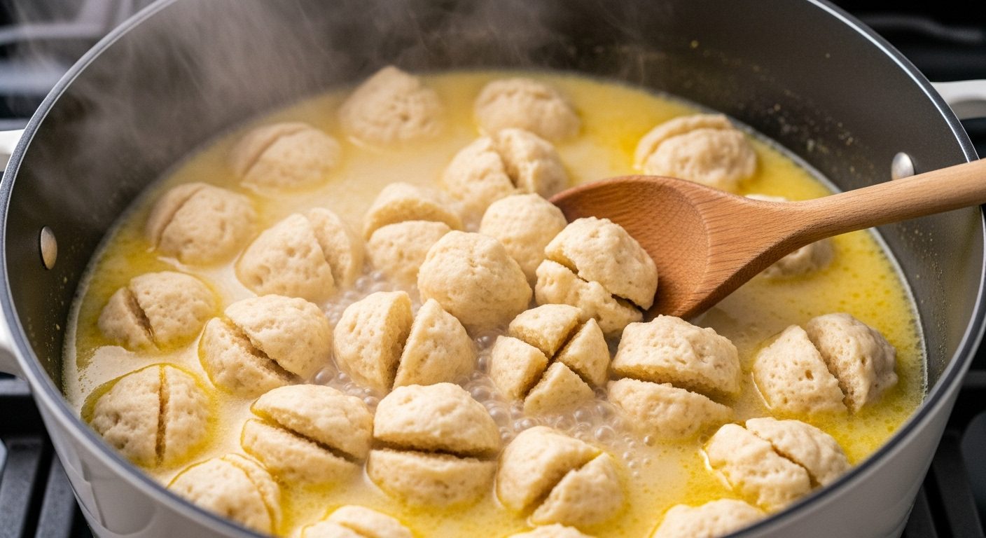 Close-up of a pot with simmering chicken soup mixture and quartered canned biscuit dumplings being gently stirred with a wooden spoon, for a chicken and dumplings recipe.