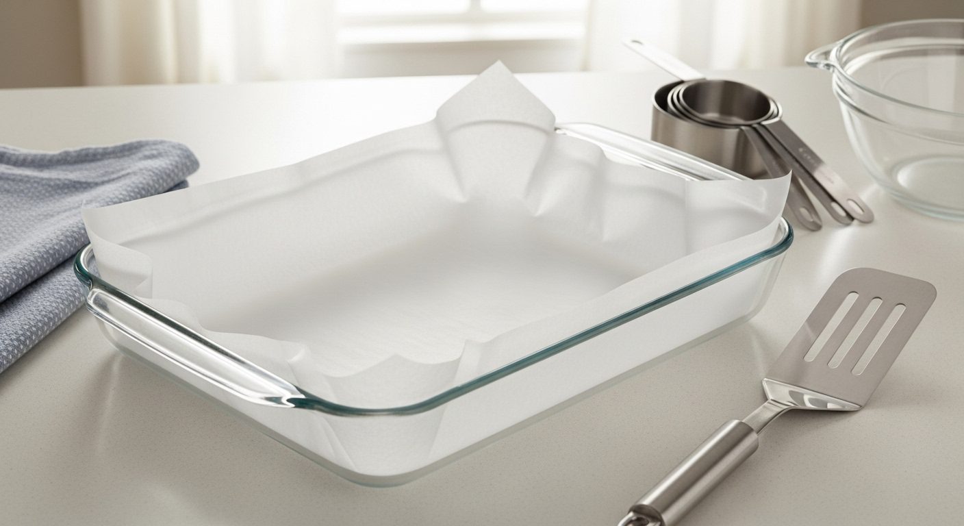 A 9x13-inch glass baking dish lined with parchment paper, placed on a kitchen counter with a mixing bowl, measuring cups, and a spatula nearby, ready for making Rocky Road Candies.