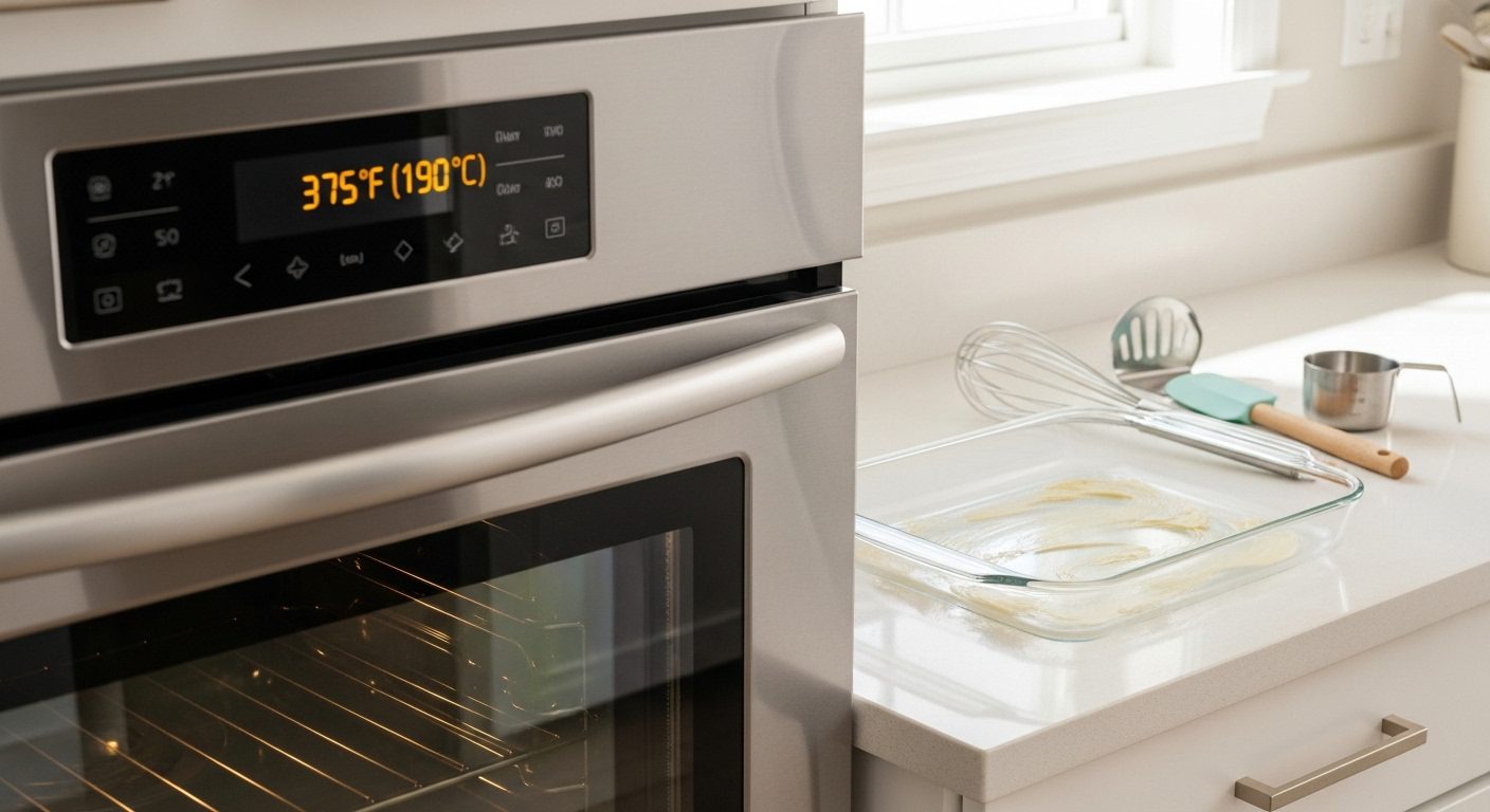 Oven preheated to 375°F (190°C) with a 9x13-inch baking dish of Cherry Crisp mix on the counter, alongside a whisk, spatula, and measuring cup, with light from a window.