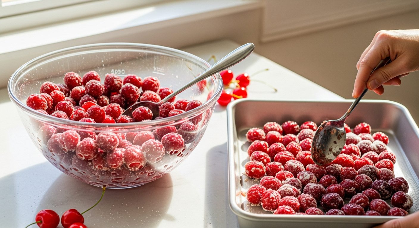 A glass bowl with sugar-coated cherries being spooned into a metal tray for Cherry Crisp, with extra cherries and natural light from a window.
