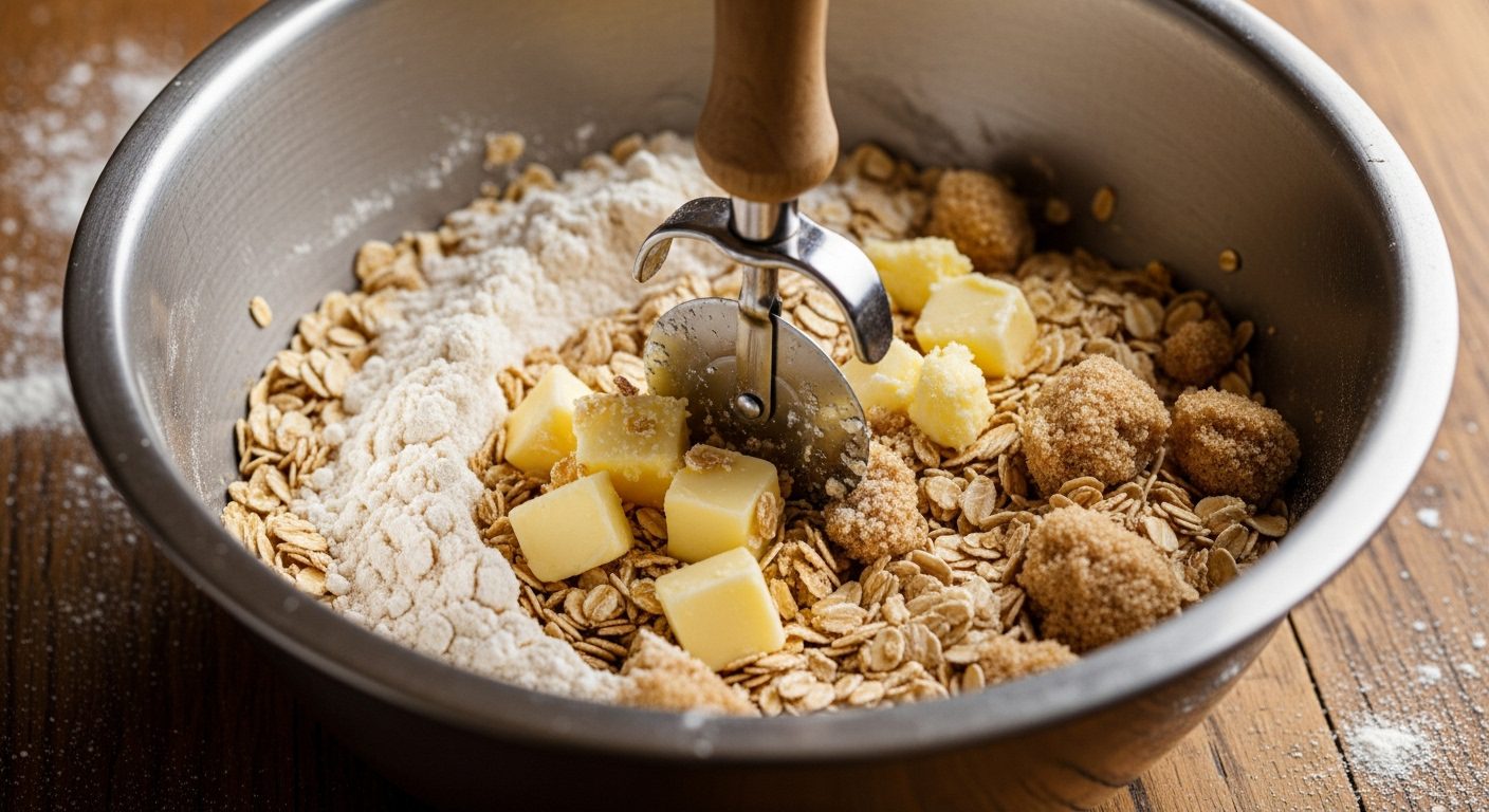 A metal bowl with flour, oats, brown sugar, and butter cubes being mixed with a pastry cutter for a Cherry Crisp topping on a wooden surface.