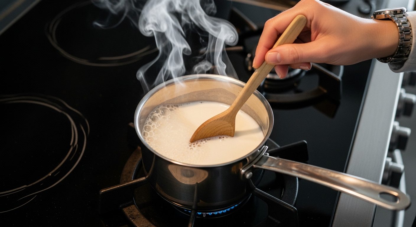 A wooden whisk stirring milk in a saucepan on a stove, a step in making Cottage Cheese.