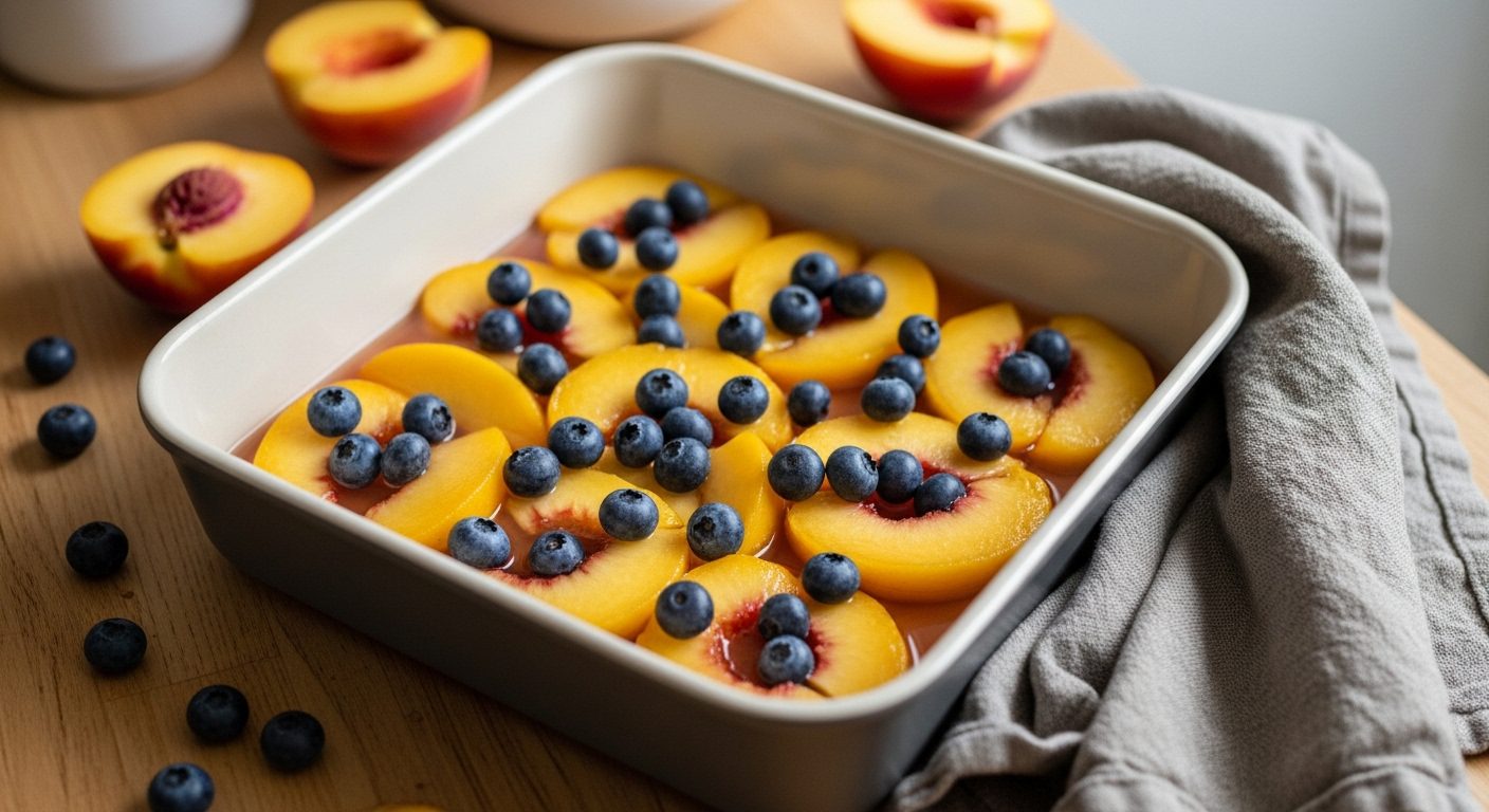 Preparing Peach and Blueberry Cobbler Filling
