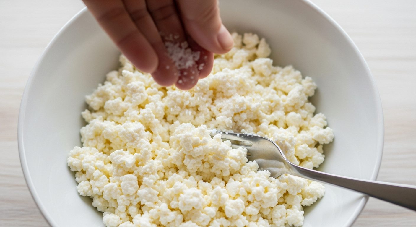 A hand sprinkles salt over a bowl of finished Cottage Cheese as a fork rests nearby.