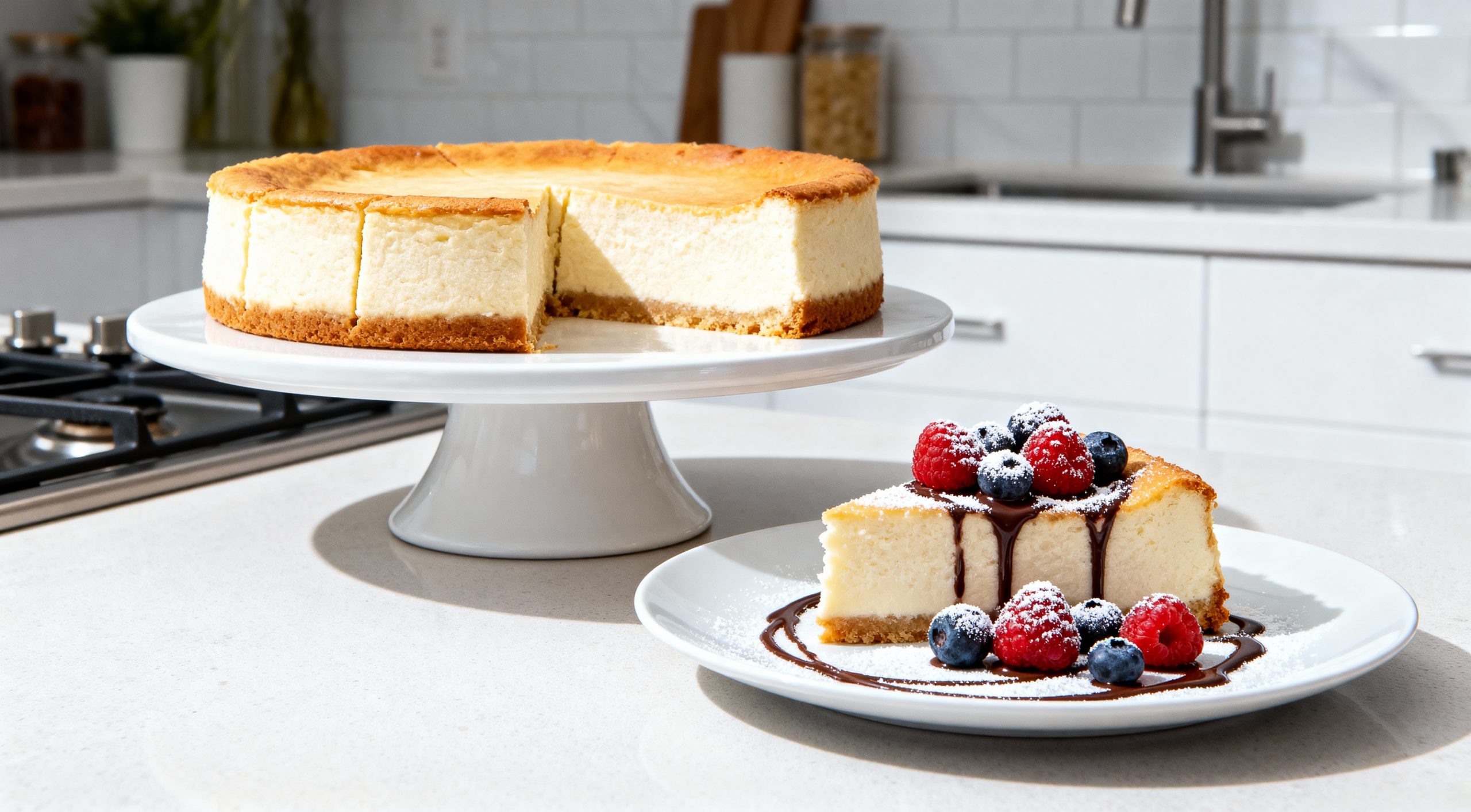 Italian cream cheese and ricotta cheesecake on a stand, with a slice topped with berries, chocolate drizzle, and powdered sugar.