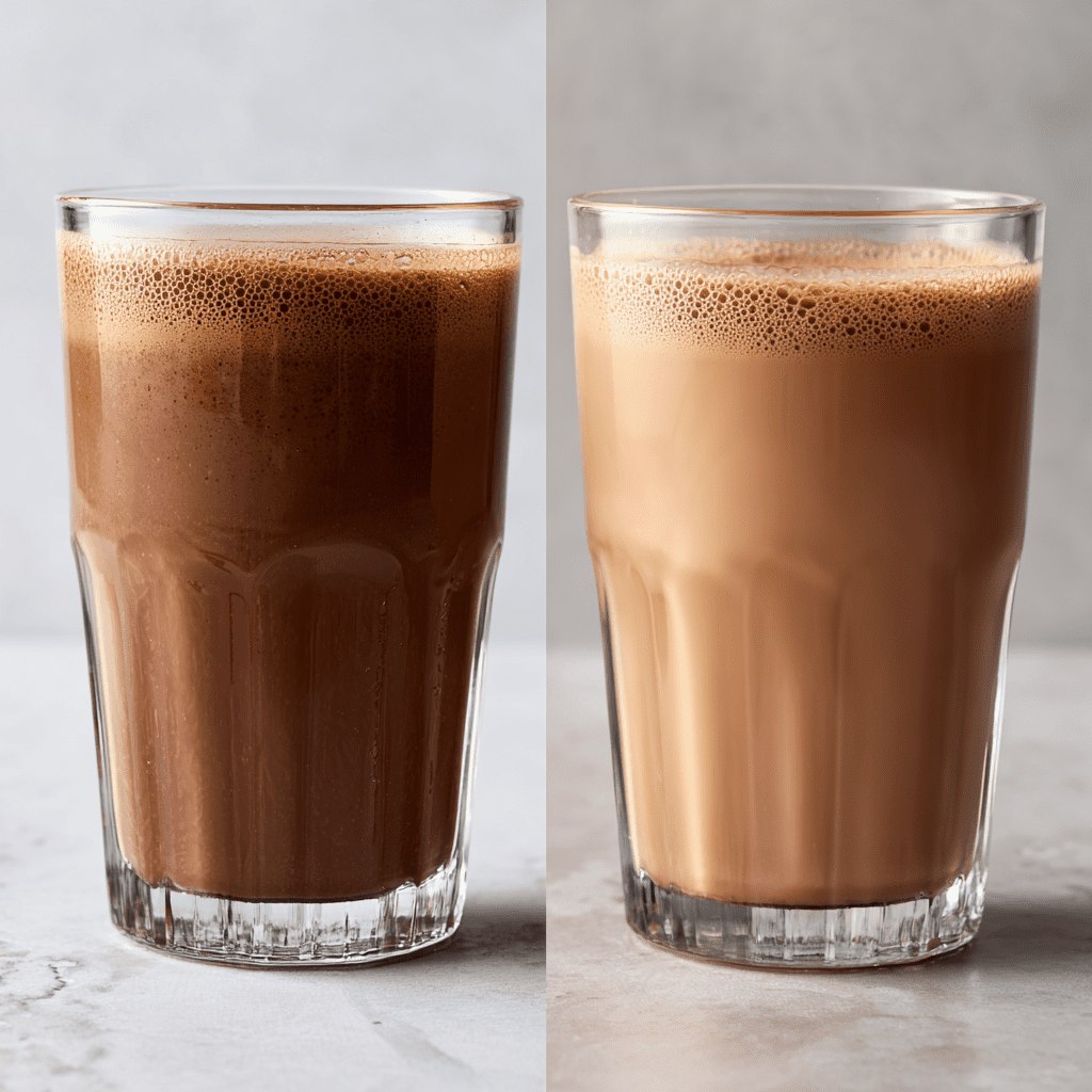 "Side-by-side comparison of fresh chocolate milk and thawed chocolate milk in glasses, showing smooth texture after stirring."