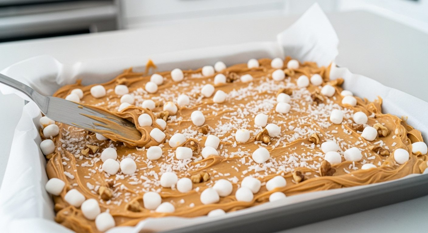 A 9x13-inch pan lined with parchment paper, filled with a peanut butter mixture being spread evenly with a spatula, topped with miniature marshmallows, coconut, and walnuts for Peanut Butter Marshmallow Squares.
