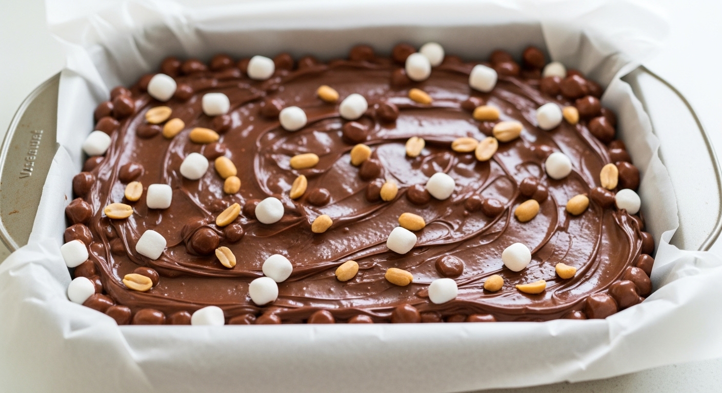 A baking pan lined with parchment paper, filled with a chocolate mixture containing marshmallows and nuts, being spread evenly with a spatula for Rocky Road Candies.