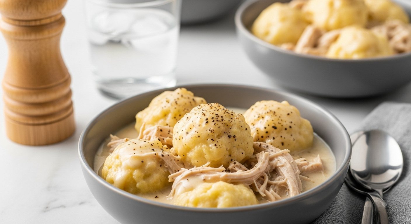 Close-up of bowls filled with hot chicken and dumplings made with canned biscuits, garnished with pepper, served with a glass of water and a spoon on a white marble surface.