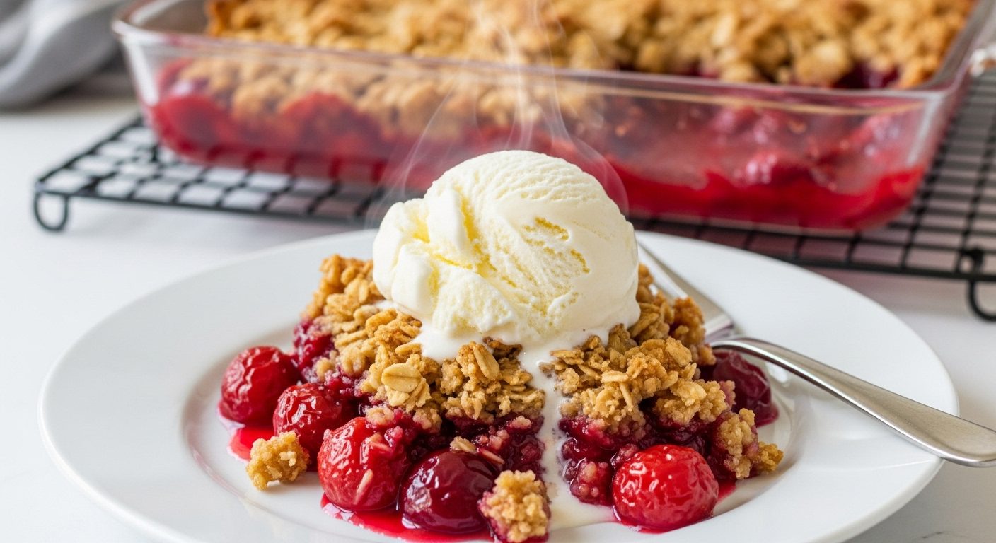 A plate of warm Cherry Crisp topped with melting vanilla ice cream, served with a baking dish of the dessert and fresh cherries on the side.