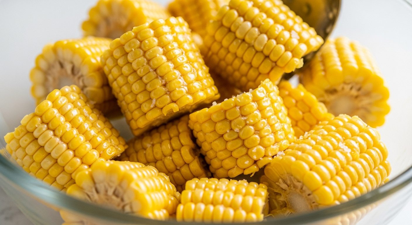 A bowl of fresh corn cut into 2-inch sections, coated with olive oil, salt, and melted butter, styled like Wingstop Cajun Corn.