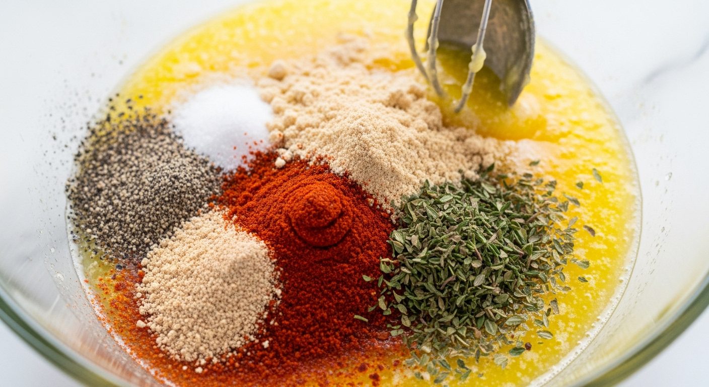A bowl with melted butter mixed with salt, black pepper, garlic powder, onion powder, paprika, cayenne, thyme, and oregano for Wingstop Cajun Corn seasoning.
