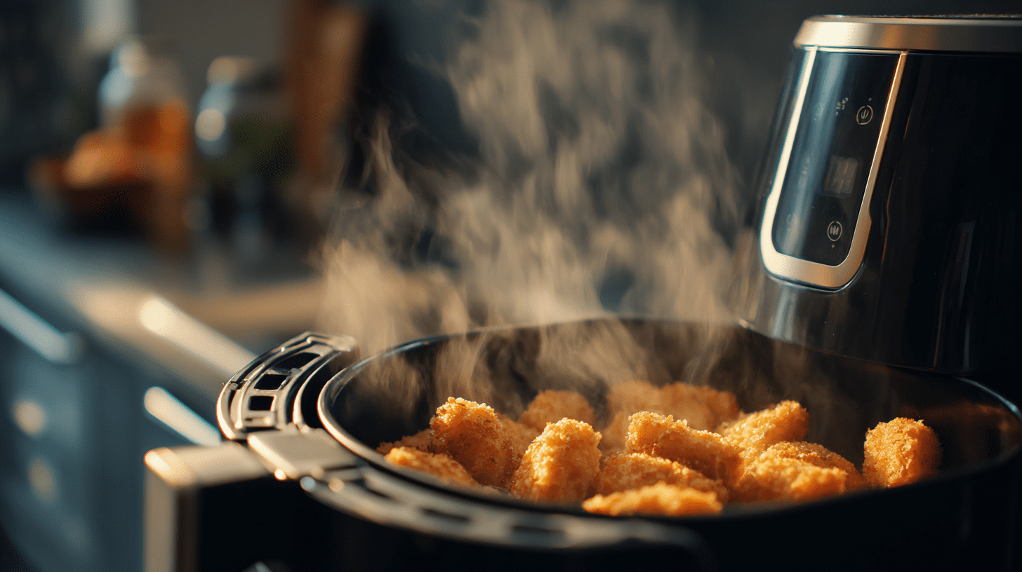 Frozen chicken nuggets cooking in a modern air fryer with steam rising in a sleek kitchen.