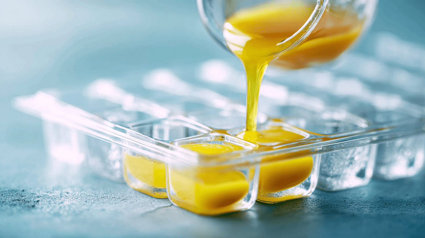 Close-up of liquid eggs being poured into an ice cube tray in a bright kitchen.