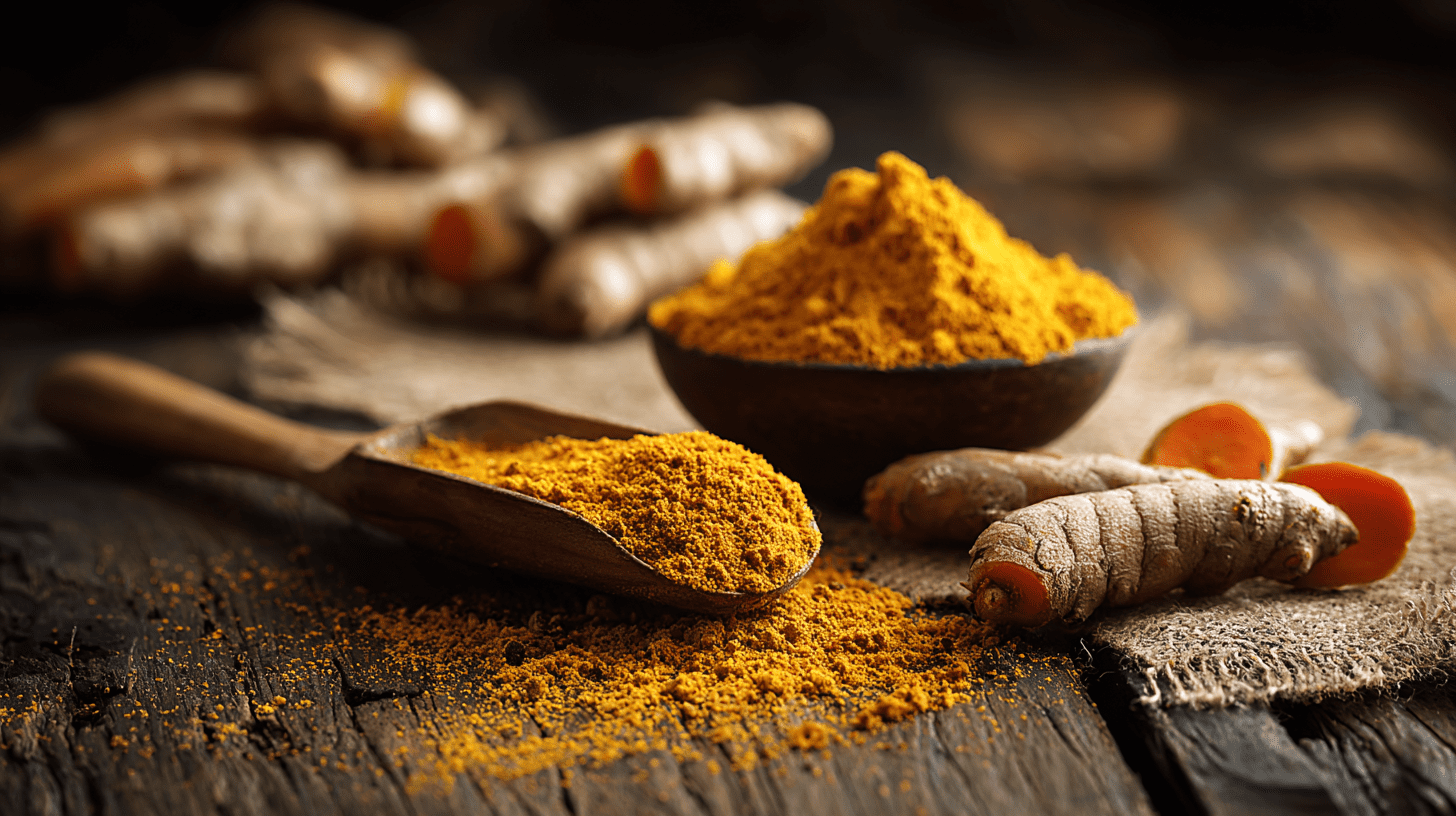 Fresh turmeric root with a bowl of bright orange turmeric powder on a rustic wooden table, natural kitchen setting.