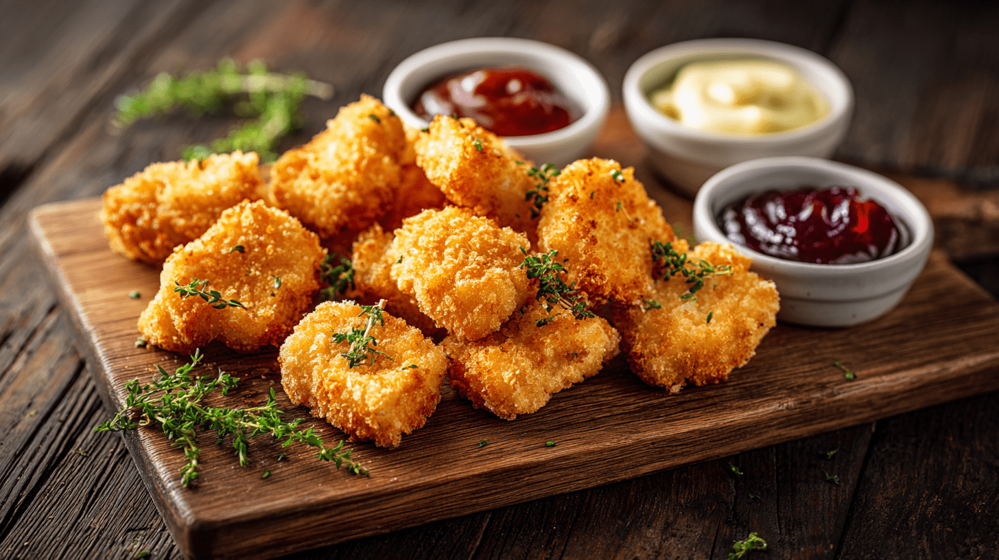 Crispy golden chicken nuggets served with dipping sauces on a wooden board in a modern kitchen.