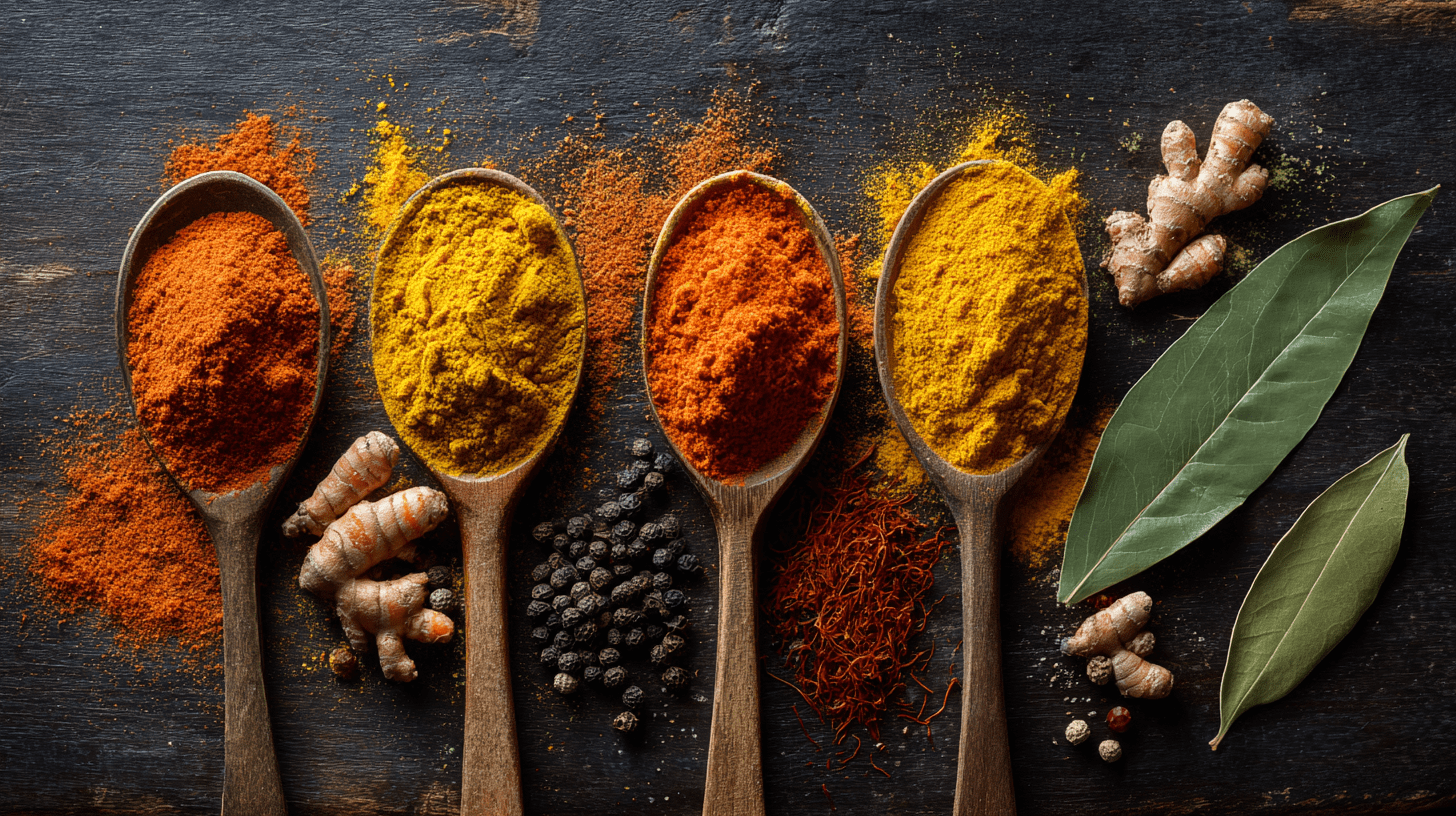 Overhead view of turmeric with substitute spices like ginger, saffron, cumin, and paprika on a dark rustic surface, vibrant and detailed.