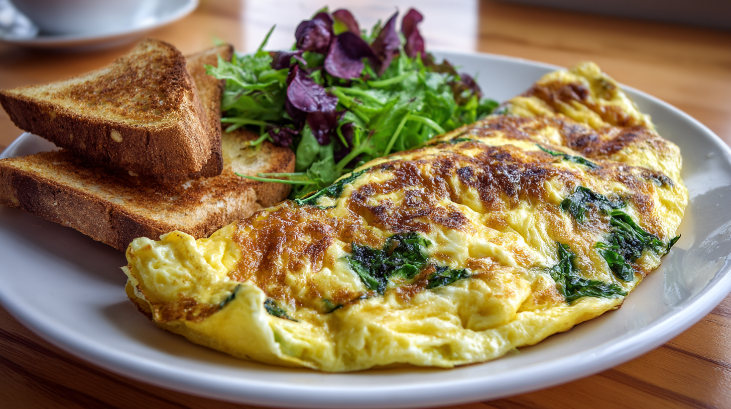 Fluffy omelette made with Egg Beaters, served with toast and greens on a white plate, bathed in natural window light.