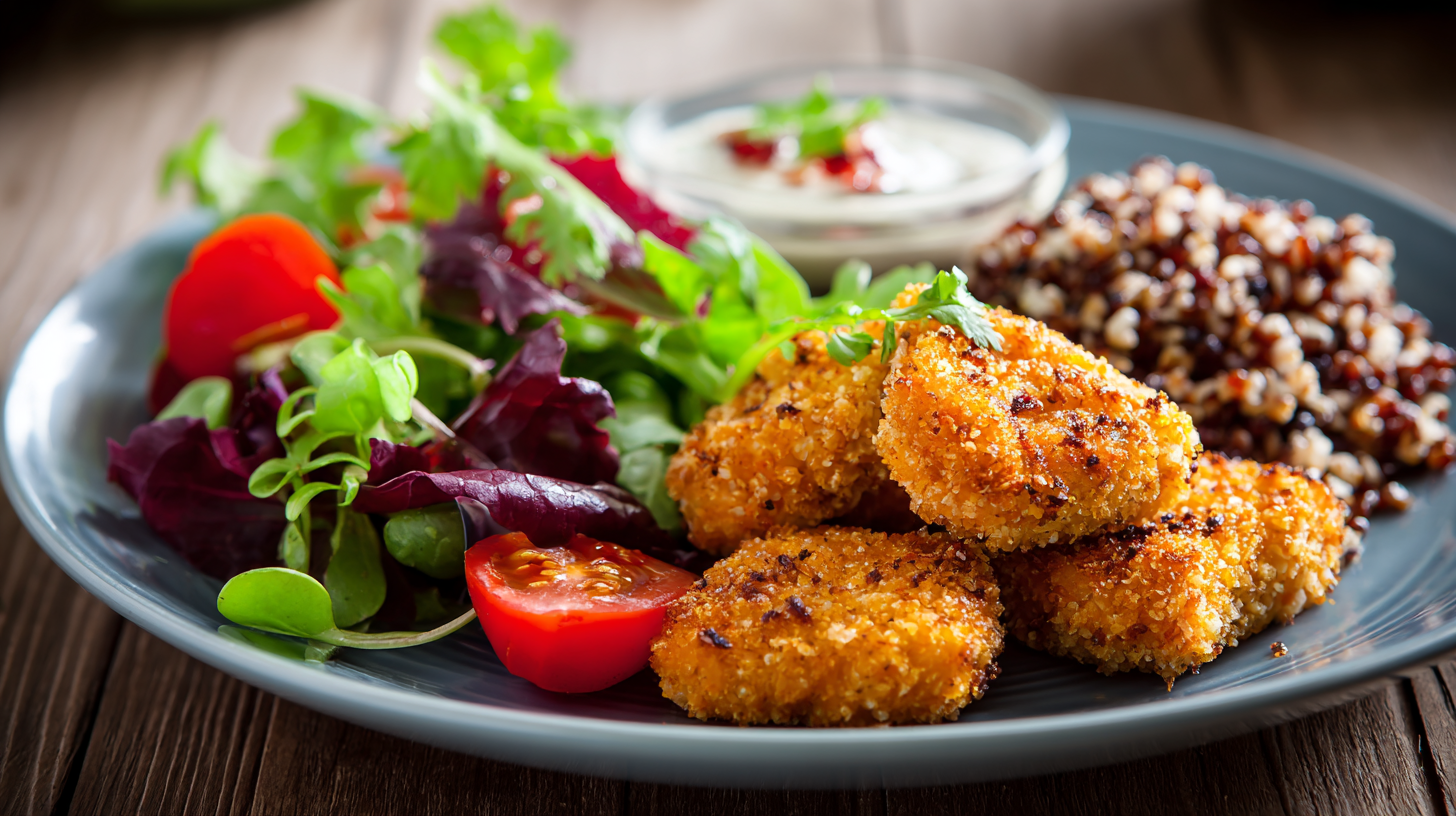 Air-fried chicken nuggets served with a fresh salad and whole grains for a balanced meal.