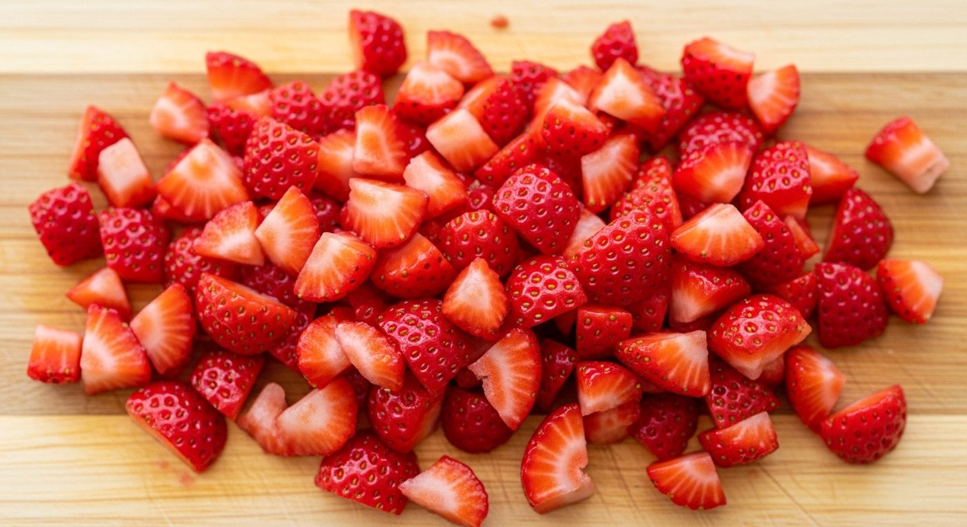 Freshly diced strawberries on a wooden cutting board for making fresas con crema recipe – Mexican strawberries and cream dessert preparation.
