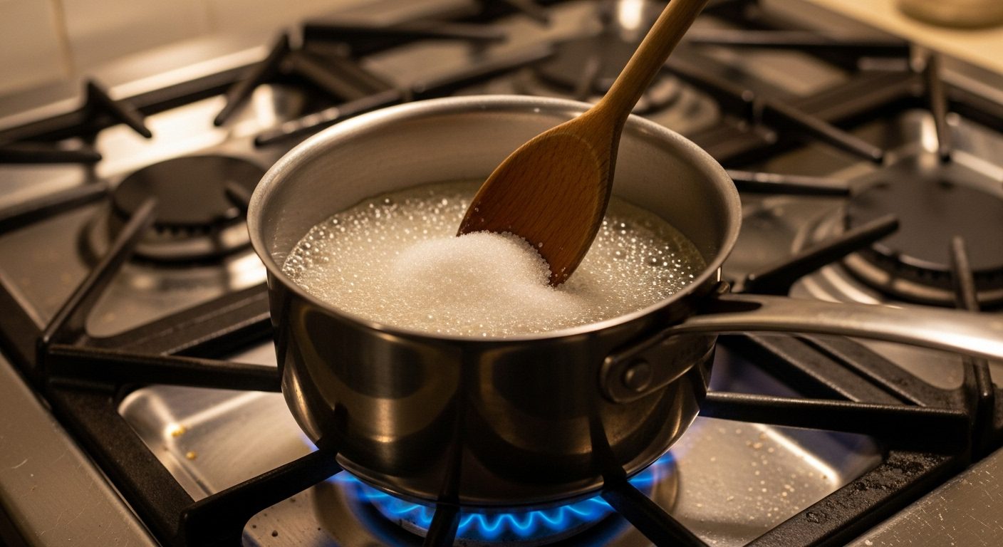 Sugar and water being stirred in a saucepan on the stove to make basil simple syrup.