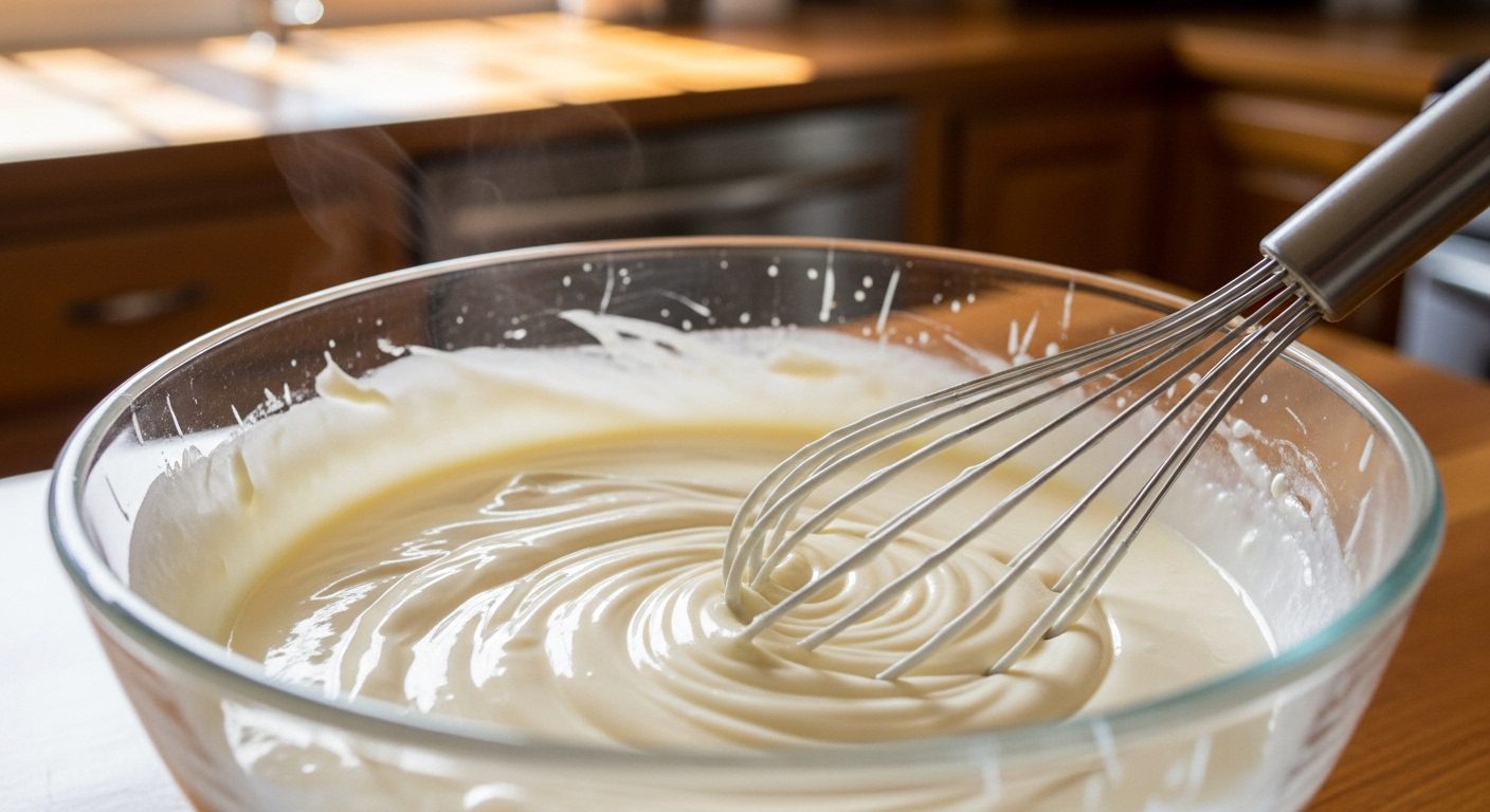 Sweet cream mixture made with sour cream, condensed milk, evaporated milk, and vanilla for fresas con crema recipe – Mexican strawberries and cream preparation.
