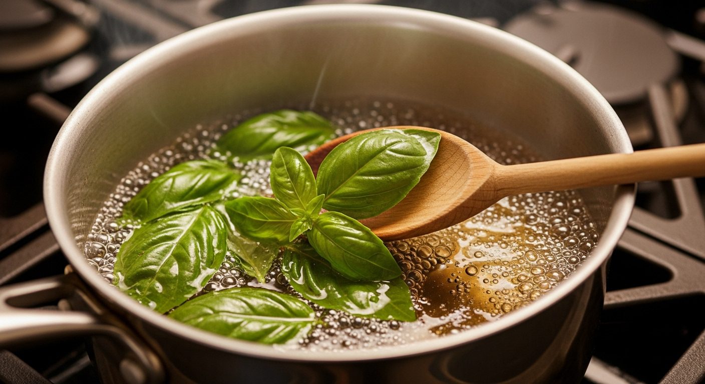Fresh basil leaves simmering in sugar syrup in a saucepan to make homemade basil simple syrup.