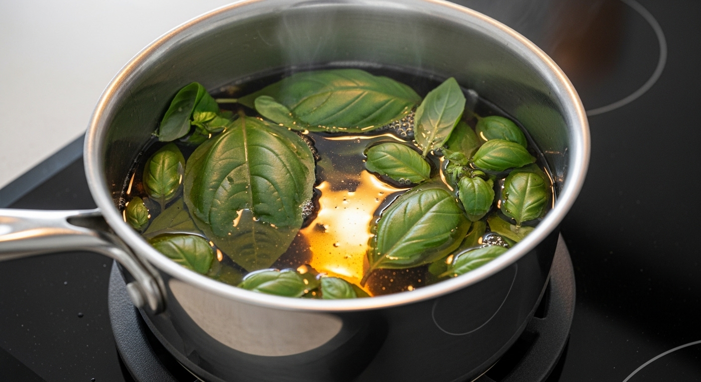 Simmering Basil for Easy Basil Simple Syrup Recipe